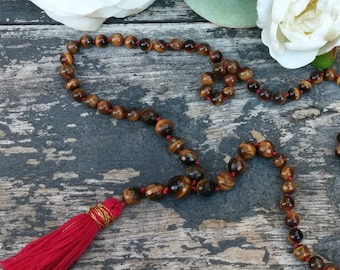 Mindfulness Mala, 108 Mala, Meditation, Yoga, Buddhist, Prayer Beads, Tiger Eye Gemstone Crystal Healing Mala Necklace for CLARITY + FOCUS
