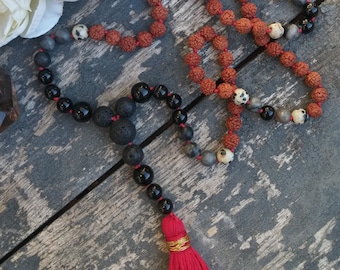 108 Mala, Mala Necklace, Essential Oil Necklace, Diffuser, Buddhist, Healing Crystal Black Gemstone Mala for PROTECTION + TRANSFORMATION