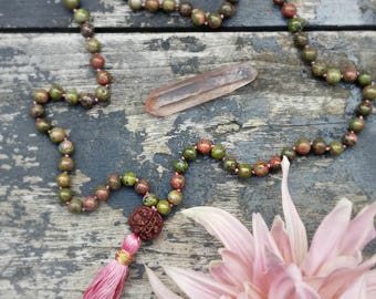 Mala Necklace, 108 Mala, Healing Gemstones, Yogi Jewelry, 8mm Unakite and Sacred Rudraksha Seed Mala Necklace for BALANCE + VISION