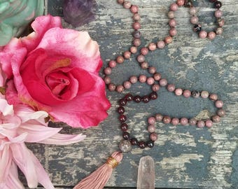 Pink Gemstone Mala Necklace, Hand Knotted Mala, Rhodonite + Ruby Jasper 108 Mala Beads to Unleash Your Inner LOVE Goddess