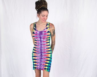 Tie Dye Dress | Psychedelic Rainbow Bodycon Cotton Rib Tank Dress Perfect Hippie Festival Outfit Made in the USA