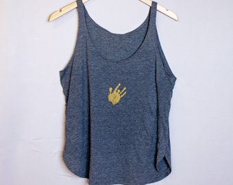 GRATEFUL DEAD Womens Top | Jerry Garcia Hand Print on Grey Blue Festival Tank Gold Cotton Racerback Ladies T-Shirt