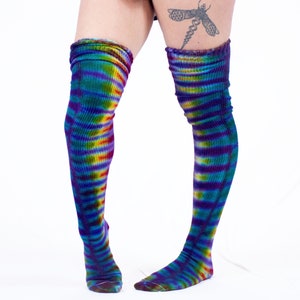 Extra Tall TIE DYE Thigh High Purple Rainbow Socks Handmade OoaK Extra Tall Cotton Sox Made in the USA