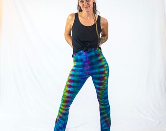 Tie Dye Yoga Pants | USA Cotton Spandex Fold Top Flare Jade Jewel Rainbow Legging Lounge Yoga Pants Unicorn Festival Boho GRATEFUL Dead Ooak