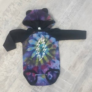 Grateful Dead | Hooded Raglan TIE DYE Baby Bodysuit One Piece with EARS Dancing Bear Babies Shower Gift Hippie Mom