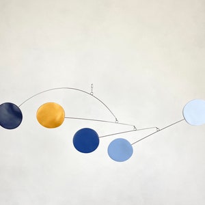 Shades of Blue and Gold Hanging Mobile, Abstract Art,  Kinetic Mobile, Modern Mobile, Mid Century Modern, Sculpture, Art Decor