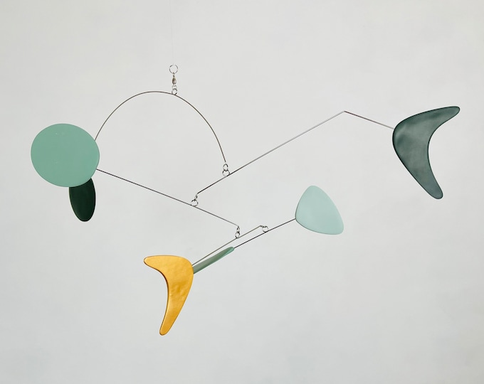 Abstract Art Hanging Mobile, Sage Green, Emerald Green and Gold, Kinetic Mobile, Art Mobile, Modern Mobile, Mid Century Modern,