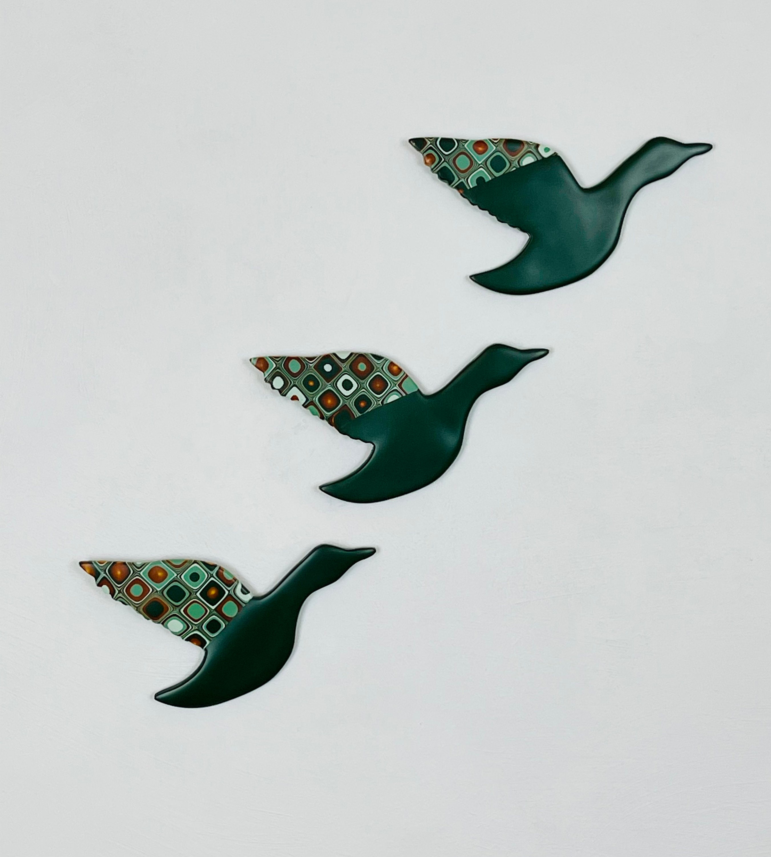 Flying Ducks, Wall Art, Emerald Green and Gold, Mid Century Modern