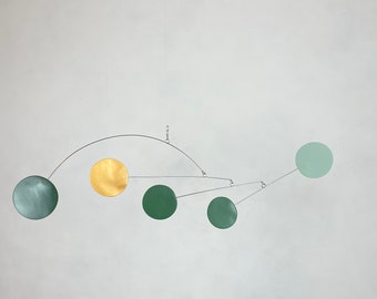 Sage Green, Emerald Green, Gold Hanging Mobile, Kinetic Mobile, Abstract Art Mobile, Modern Mobile, Mid Century Modern, Hanging Sculpture