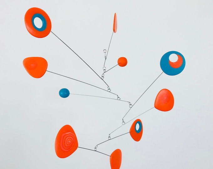 Modern Art Mobile, Retro Orange and Turquoise Kinetic, Hanging Mobile, Mid Century, Modern Home, Orange, Modern Art, Sculpture, Housewarming