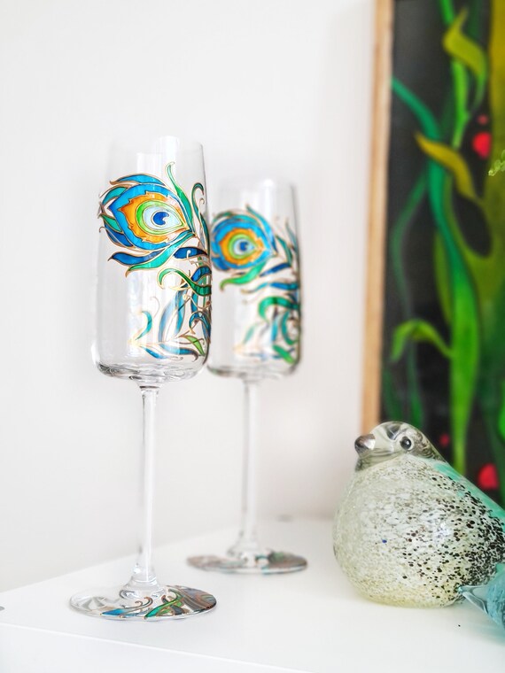 Peacock Wedding Glasses Champagne Flutes Hand Painted Glasses - Etsy