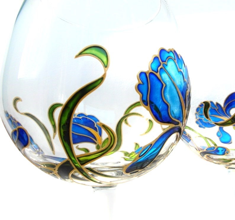 Red Wine Glasses With Blue Irises Etsy