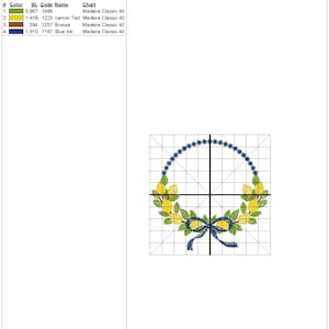 May include: An embroidery design of a lemon wreath with a blue bow. The design is on a grid with 4 colours: yellow, green, blue, and brown. The design is 3.67 inches high and 3.80 inches wide. The design is called "0230129-01" and is from Lily's Embroidery Designs.