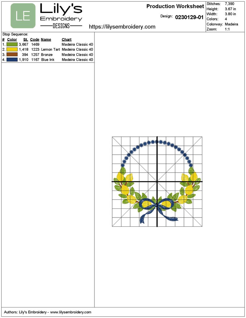 May include: An embroidery design of a lemon wreath with a blue bow. The design is on a grid with 4 colours: yellow, green, blue, and brown. The design is 3.67 inches high and 3.80 inches wide. The design is called "0230129-01" and is from Lily's Embroidery Designs.