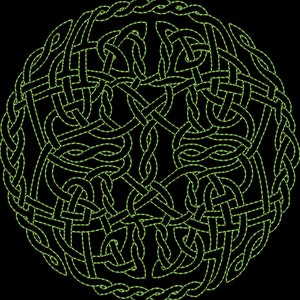Peut inclure: Un motif de nœud celtique vert avec un motif complexe de lignes entrelacées.