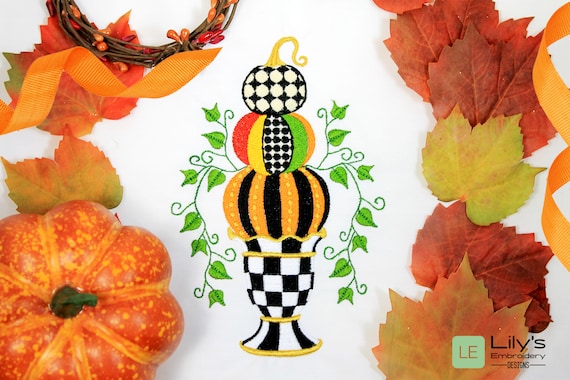 Topiary Checkered Pumpkins Machine embroidery Designs- Stacked - 6 Sizes