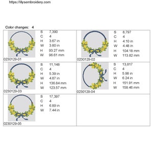 May include: Five embroidery designs of a wreath with lemons and a blue bow. The designs are labelled with the numbers 0230129-01, 0230129-02, 0230129-03, 0230129-04, and 0230129-05. Each design includes the stitch count, colour count, height, and width in inches and millimetres.