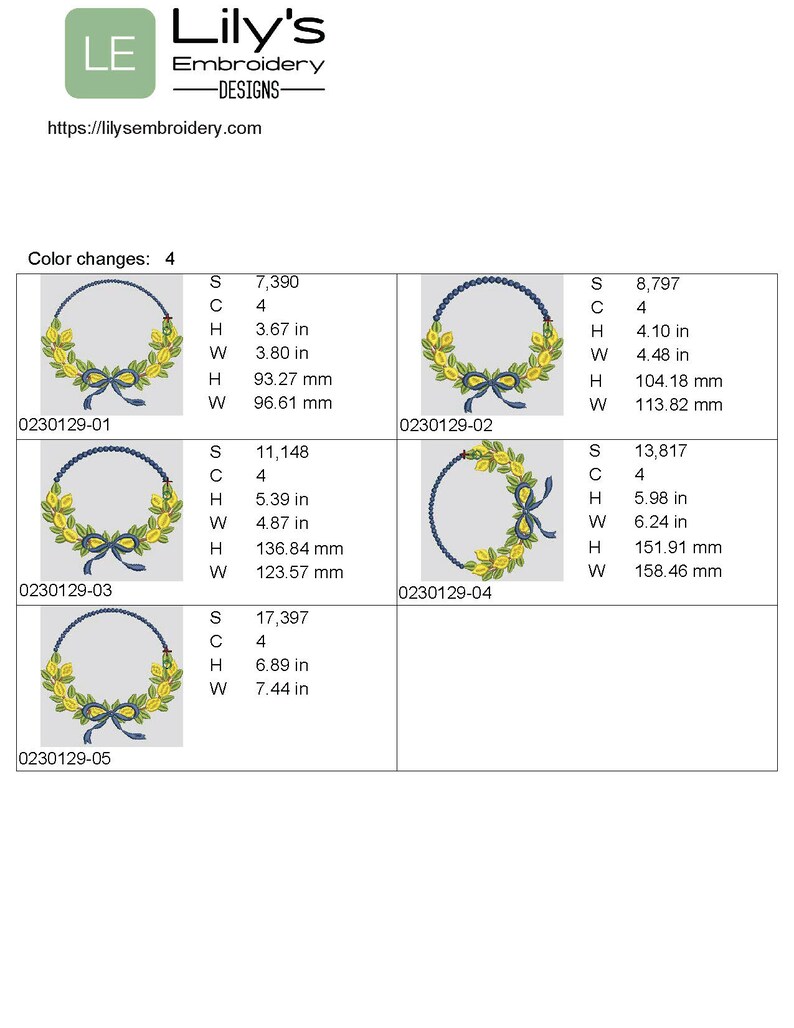 May include: Five embroidery designs of a wreath with lemons and a blue bow. The designs are labelled with the numbers 0230129-01, 0230129-02, 0230129-03, 0230129-04, and 0230129-05. Each design includes the stitch count, colour count, height, and width in inches and millimetres.