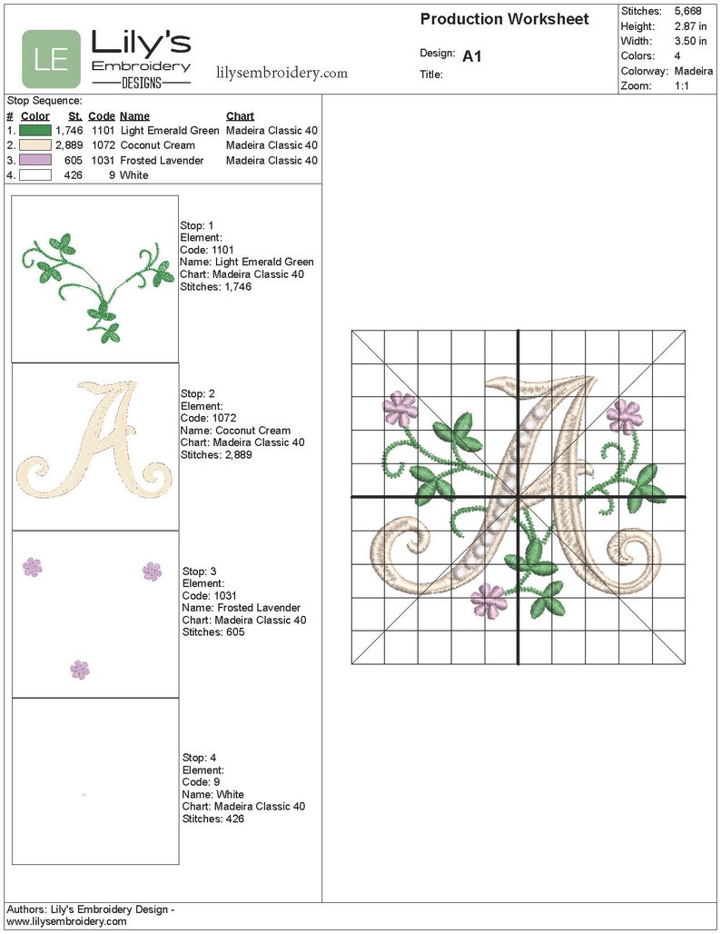 Puede incluir: Una hoja de trabajo de producci&oacute;n de bordado con la letra "A" en un dise&ntilde;o floral. El dise&ntilde;o utiliza hilos verde esmeralda claro, crema de coco, lavanda helada y blanco. La hoja de trabajo incluye las dimensiones del dise&ntilde;o, el recuento de puntadas y los colores del hilo.