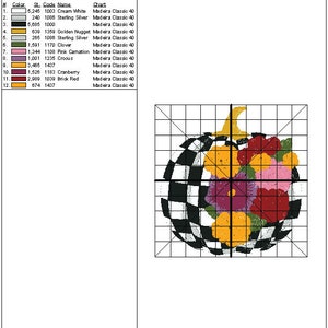 May include: A black and white chequered pumpkin with a stem and a bouquet of flowers in shades of pink, red, orange, and yellow. The design is on a gridded background with the text "Production Worksheet" and "Design: 0221018-S1" at the top.