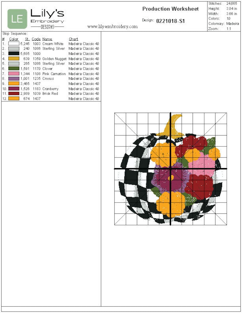 May include: A black and white chequered pumpkin with a stem and a bouquet of flowers in shades of pink, red, orange, and yellow. The design is on a gridded background with the text "Production Worksheet" and "Design: 0221018-S1" at the top.