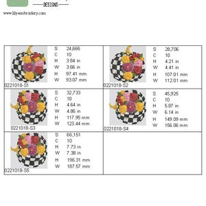 May include: Five embroidery designs of a black and white checkered pumpkin with a bouquet of colourful flowers on top. The designs are labelled with the numbers 0221018-S1, 0221018-S2, 0221018-S3, 0221018-S4, and 0221018-S5. Each design includes stitch count, colour count, height, width in inches and millimetres.