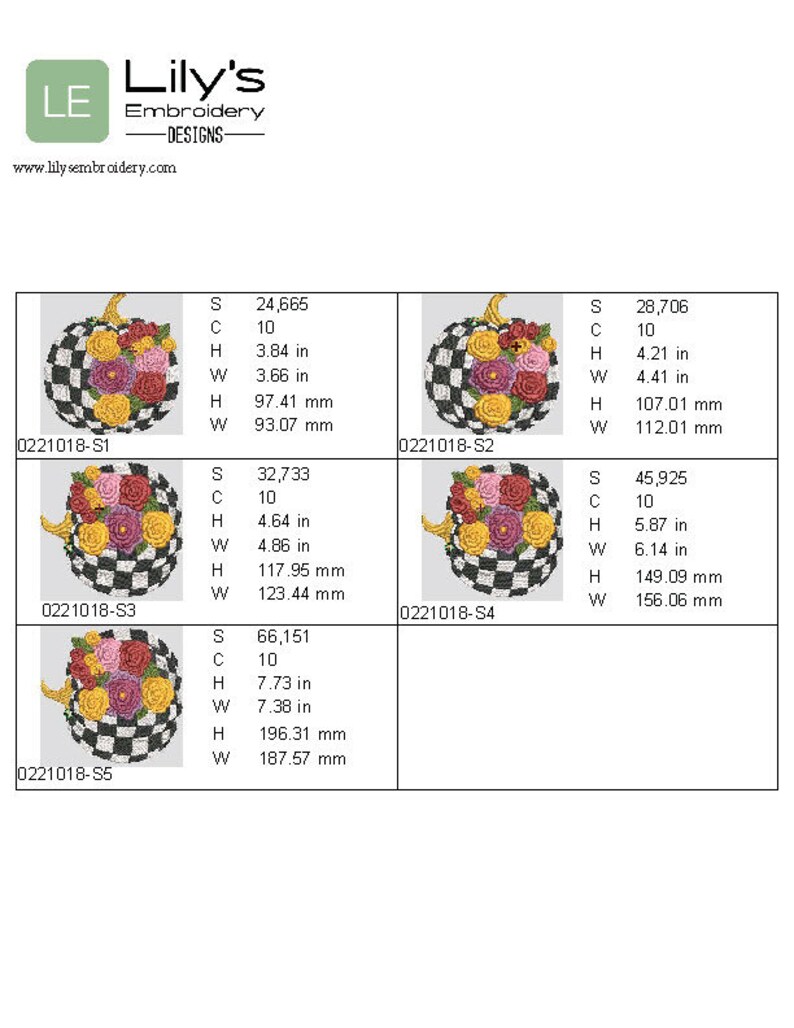 May include: Five embroidery designs of a black and white checkered pumpkin with a bouquet of colourful flowers on top. The designs are labelled with the numbers 0221018-S1, 0221018-S2, 0221018-S3, 0221018-S4, and 0221018-S5. Each design includes stitch count, colour count, height, width in inches and millimetres.