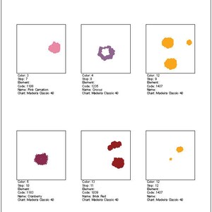 May include: Embroidery design called "Color Film" with 10 colours, including pink, purple, orange, red, and brown. The design number is 0221018. The chart is Madeira Classic 40.