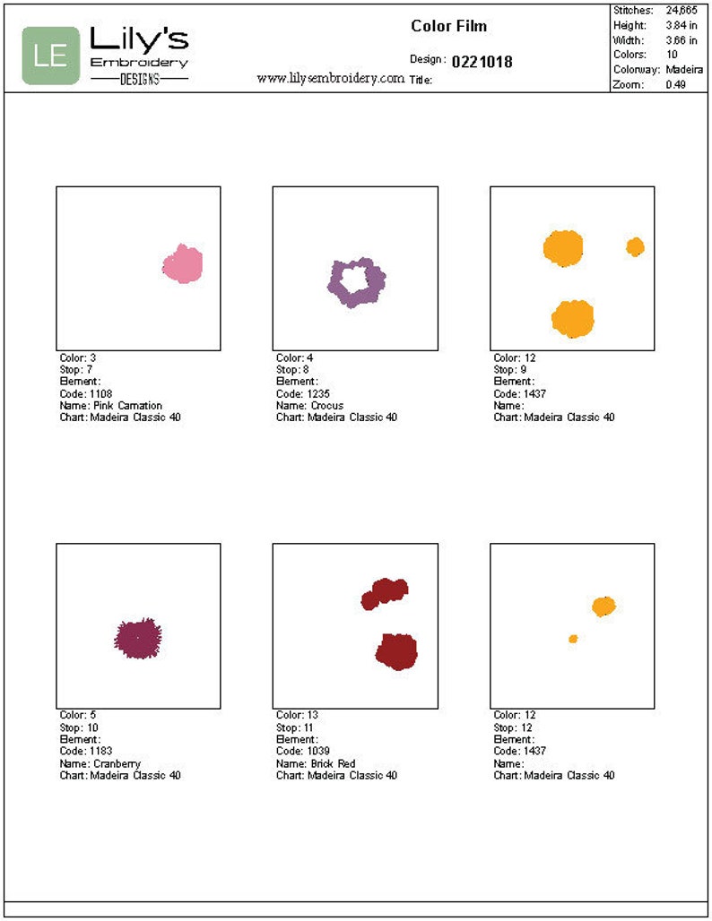 May include: Embroidery design called "Color Film" with 10 colours, including pink, purple, orange, red, and brown. The design number is 0221018. The chart is Madeira Classic 40.