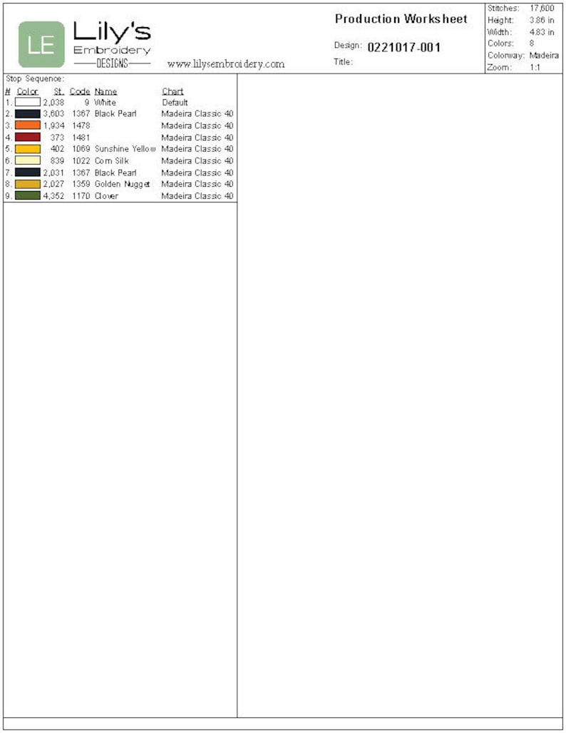 Pode incluir: Uma folha de produ&ccedil;&atilde;o para o design de bordado 0221017-001. A folha lista a cor, a contagem de pontos e o tipo de fio para cada cor usada no design. O design usa 8 cores de fio Madeira Classic 40.