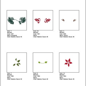 K&ouml;nnte beinhalten: Stickmuster Color Film mit 8 Farben, mit einer gr&uuml;nen Tanne, roten Beeren, einem braunen Zweig und einer roten Weihnachtsstern-Blume. Das Design ist 1,69 Zoll hoch und 3,75 Zoll breit.