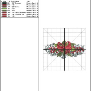 K&ouml;nnte beinhalten: Ein Weihnachts-Stickmuster mit einer roten Schleife, gr&uuml;nen Kiefern&auml;sten und roten Beeren. Das Design befindet sich auf einem Raster mit dem Text "Production Worksheet" und "Design: 0220705-02 S1" oben.