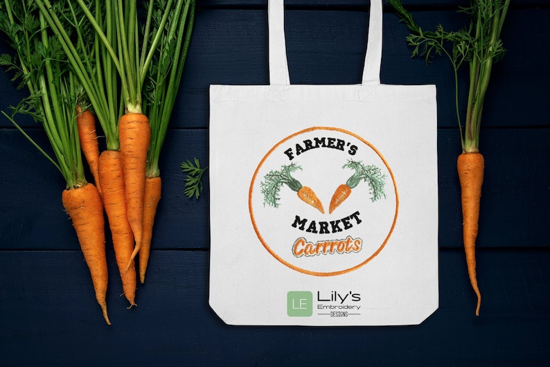 Carrots Machine embroidery design,  satin stitch frame with two carrots and  Farmer's Market Letting. Ideal for springtime and easter