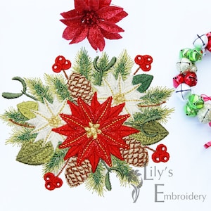 クリスマスの機械刺繍デザイン - ポインセチアの花束の機械刺繍デザイン（3サイズ）