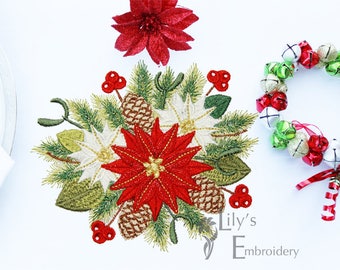 Kerst Machine Borduurontwerp - Poinsettia Boeket Machine Borduurontwerp in 3 maten