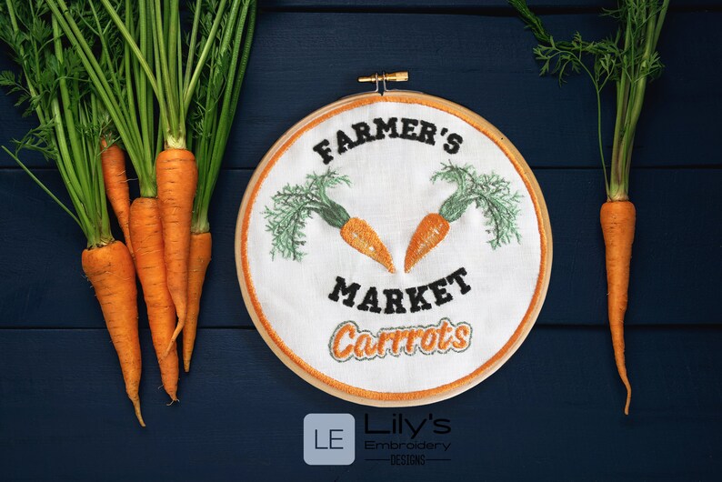 Vegetable machine embroidery design - Carrots  and farmer's Market great for springtime and easter