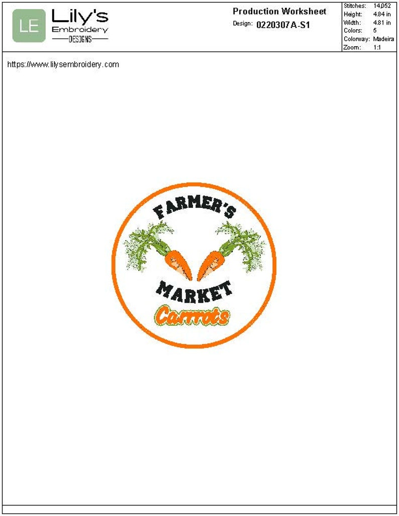 Puede incluir: Un dise&ntilde;o de bordado redondo, naranja y blanco con el texto "FARMER'S MARKET Carrots" en negro. El dise&ntilde;o presenta dos zanahorias naranjas con tapas verdes.
