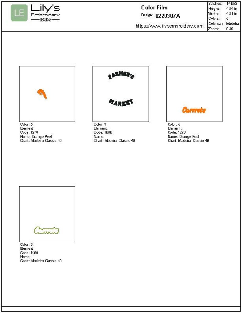 Puede incluir: Un dise&ntilde;o de bordado digital para un logotipo de mercado de agricultores. El dise&ntilde;o presenta las palabras "FARMER'S MARKET" en un c&iacute;rculo con una zanahoria y una cesta de productos. El dise&ntilde;o est&aacute; disponible en cinco colores: naranja, negro, verde, marr&oacute;n y blanco. El dise&ntilde;o mide 12,3 cm de alto y 12,2 cm de ancho.