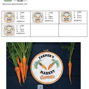 Puede incluir: Un dise&ntilde;o bordado de un c&iacute;rculo blanco con un borde naranja, que presenta el texto "Farmer's Market Carrots" en letras negras. Dos zanahorias naranjas con hojas verdes se representan dentro del c&iacute;rculo. El dise&ntilde;o se muestra en un aro de madera con un fondo marr&oacute;n. Varias zanahorias naranjas con hojas verdes son visibles en primer plano.