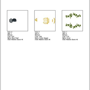 Pode incluir: Design de filme a cores com tr&ecirc;s desenhos de bordado. O primeiro desenho &eacute; uma p&eacute;rola preta, o segundo &eacute; uma pepita dourada e o terceiro &eacute; um trevo. O design &eacute; intitulado "0221017-001".