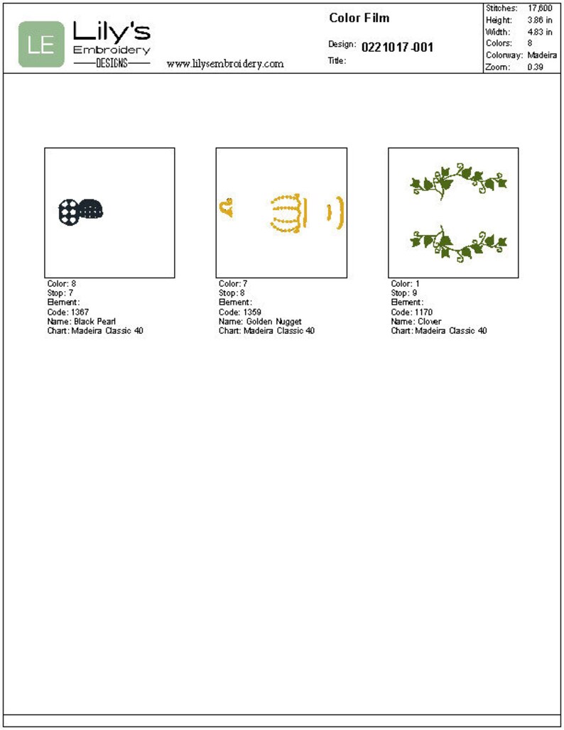 Pode incluir: Design de filme a cores com tr&ecirc;s desenhos de bordado. O primeiro desenho &eacute; uma p&eacute;rola preta, o segundo &eacute; uma pepita dourada e o terceiro &eacute; um trevo. O design &eacute; intitulado "0221017-001".