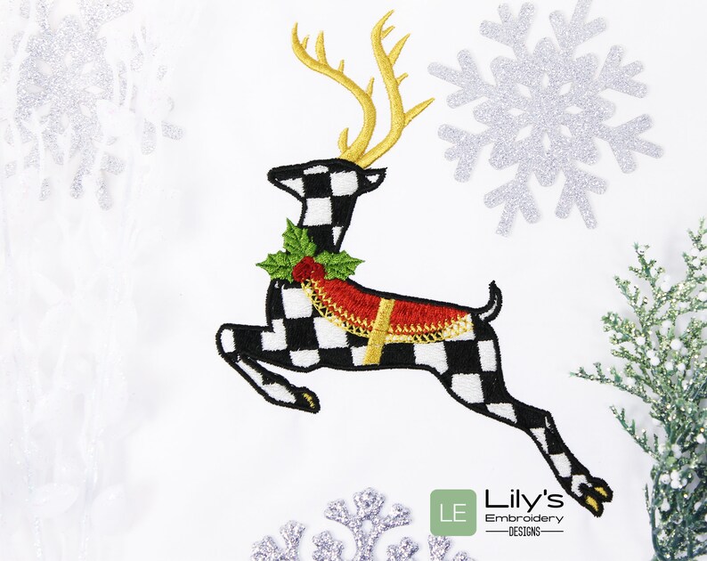 Black and white checkered 
reindeer with knitted scarf