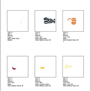 Pode incluir: Design de bordado Color Film, 0221017, mostrando oito amostras de cores diferentes. As cores s&atilde;o: branco, p&eacute;rola negra, laranja, vermelho, amarelo, creme e um bege claro. O gr&aacute;fico usado &eacute; Madeira Classic 40.