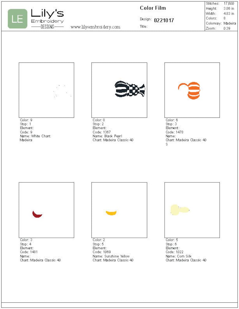 Pode incluir: Design de bordado Color Film, 0221017, mostrando oito amostras de cores diferentes. As cores s&atilde;o: branco, p&eacute;rola negra, laranja, vermelho, amarelo, creme e um bege claro. O gr&aacute;fico usado &eacute; Madeira Classic 40.