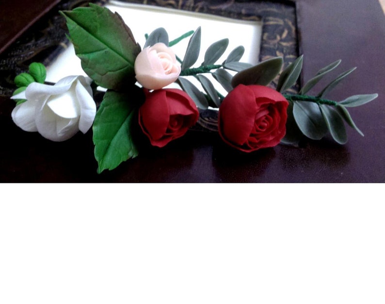 Hair pins clay eucalyptus bridal hair pin set marsala wedding wedding hair pin marsala roses realistic sprig flower bridal flower pin