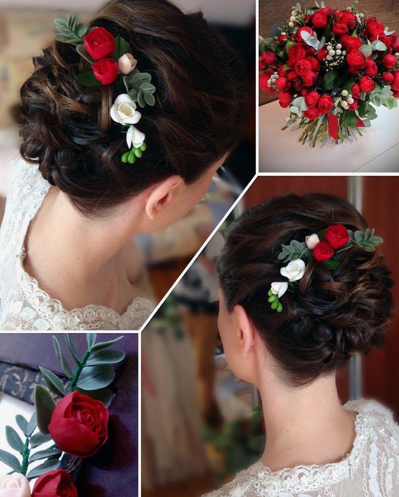 Hair pins clay eucalyptus bridal hair pin set marsala wedding wedding hair pin marsala roses realistic sprig flower bridal flower pin