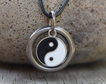 Yin Yang Necklace, Men's Women's Black Faux Leather Necklace, Heavy Gunmetal O Ring, Gift for Him / Husband / Boyfriend, Taijitu Symbol