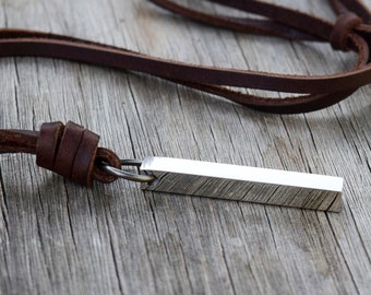 Men's Leather Bar Necklace, Adjustable, Geometric, Stainless Steel, Gift for Him / Husband / Boyfriend, Heavy Industrial Bar, Brown Leather