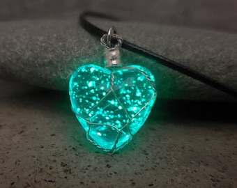 Glowing Werewolf Heart "Moonstone" Necklace, Gift 2 Zombies Fan, Blue Glass Glow in the Dark Wire Wrapped Necklace, Willa Costume Cosplay