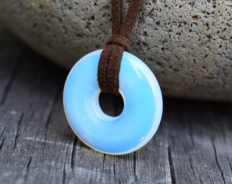 Opalite Circle Necklace, Simulated Moonstone Crystal Necklace, Stone Donut Disc, Mens Unisex Necklace, Rainbow Crystal Disc Faux Leather